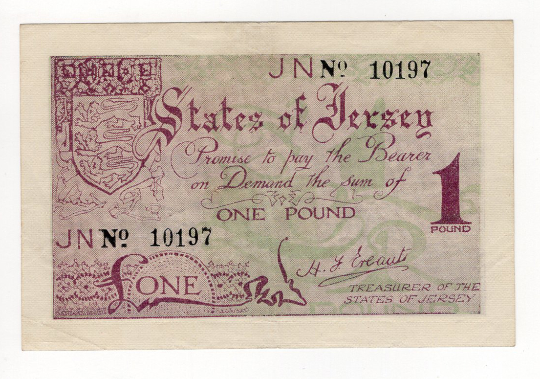 Jersey 1 Pound issued 1941 - 1942, German Occupation issue during WW2, serial number 10197 (TBB