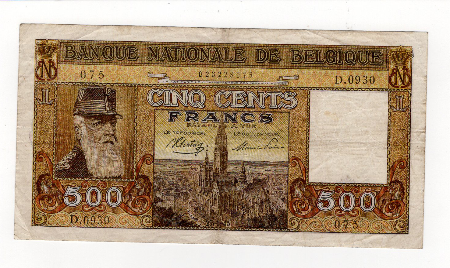 Belgium 500 Francs dated 27th March 1945, King Leopold II portrait at left, serial D.0930 075 (TBB