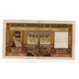 Belgium 500 Francs dated 27th March 1945, King Leopold II portrait at left, serial D.0930 075 (TBB