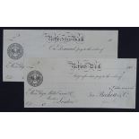 Retford Old Bank 2 x PROOF cheques one dated 187x the other 1903, for Beckett & Co. the first with