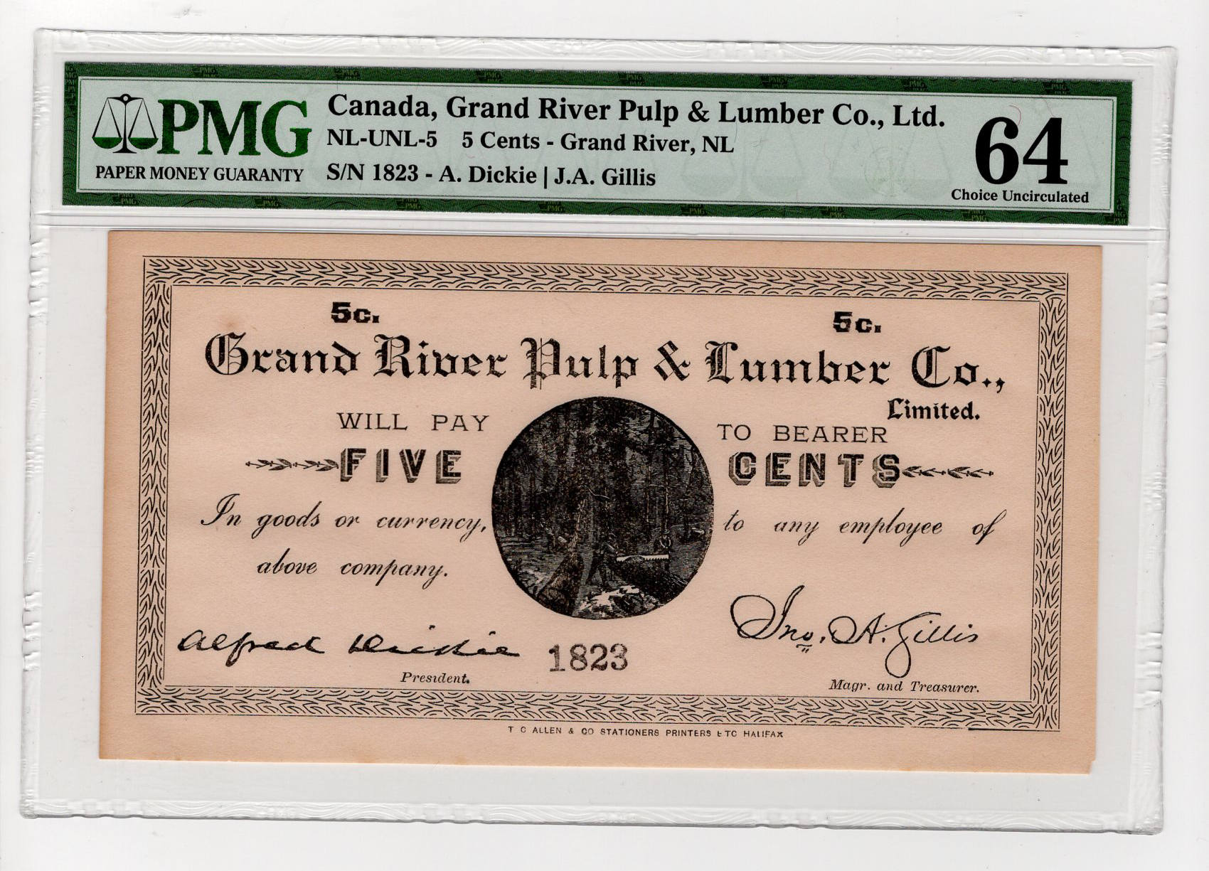 Canada 5 Cents, Newfoundland merchant scrip for Grand River Pulp & Lumber Co., Ltd will pay to