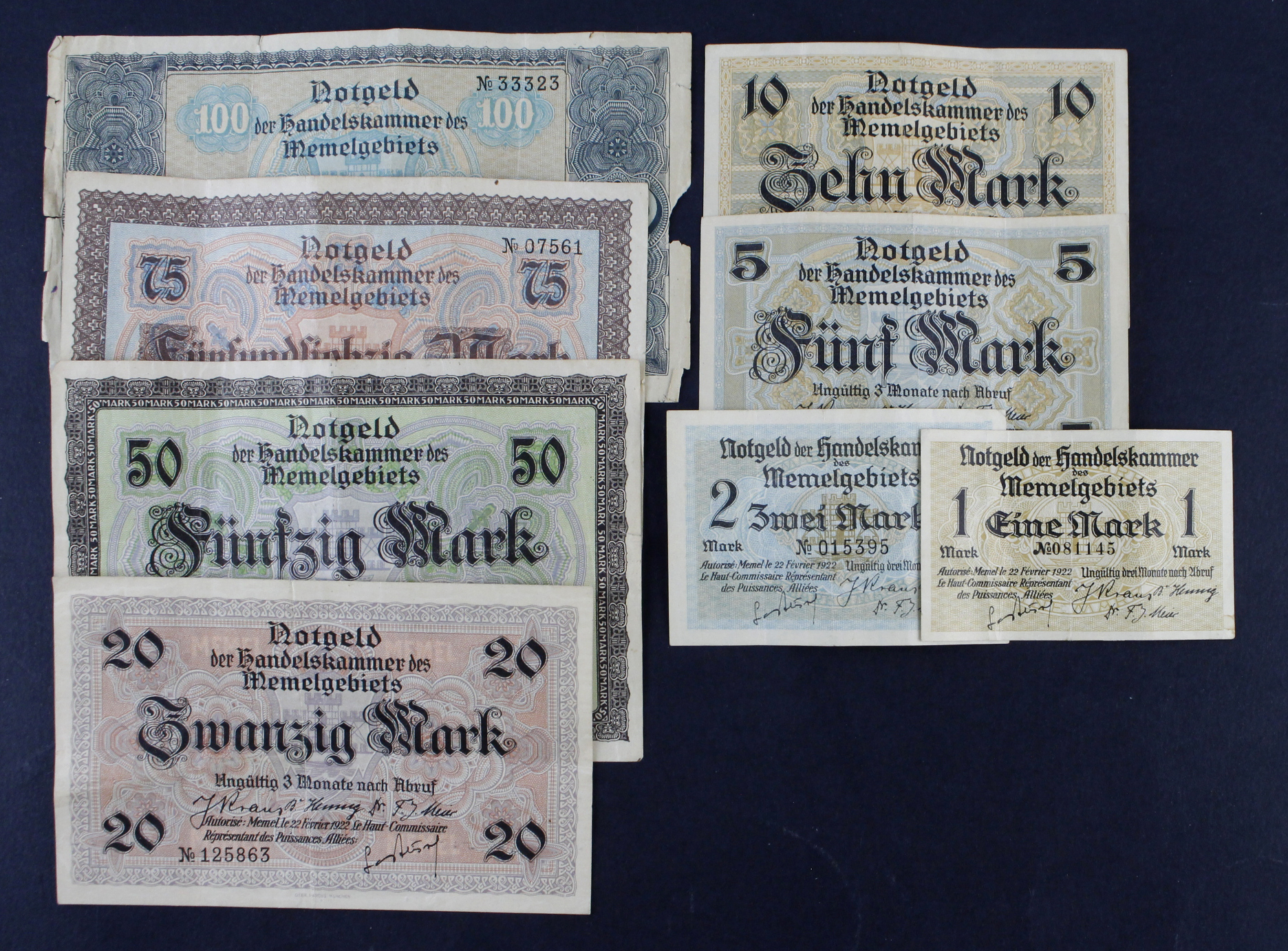 Memel (8), a group of post WW1 notes dated 1922, comprising 100 Mark, 75 Mark, 50 Mark, 20 Mark, - Image 2 of 2