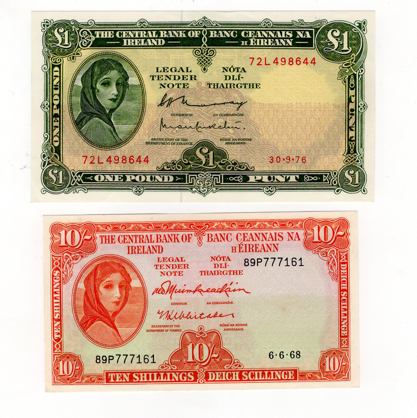 Ireland Republic (2), Lady Lavery 10 Shillings dated 6th June 1968, last date and prefix of issue,
