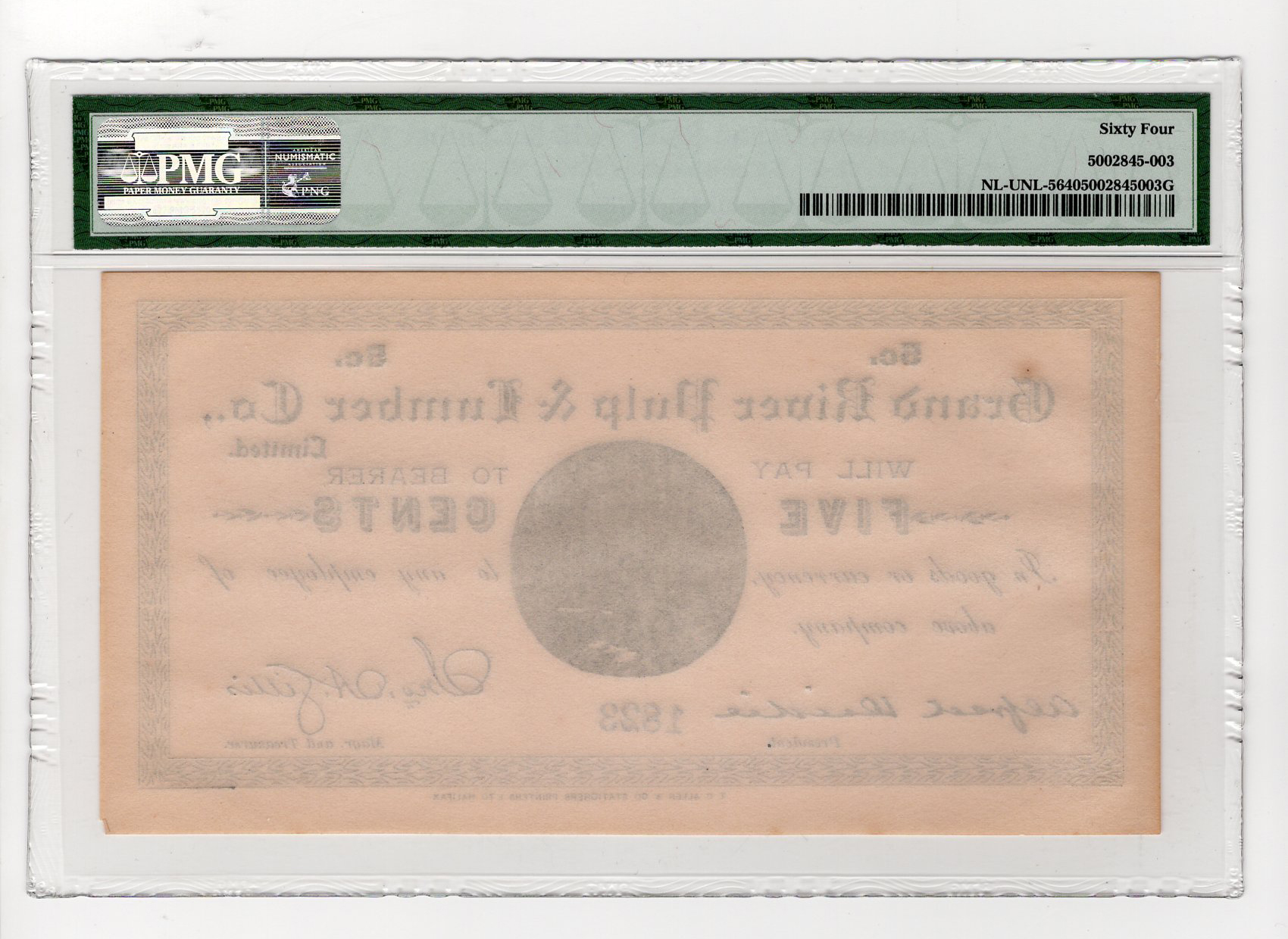 Canada 5 Cents, Newfoundland merchant scrip for Grand River Pulp & Lumber Co., Ltd will pay to - Image 2 of 2