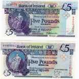 Northern Ireland, Bank of Ireland (2) a pair of LOW serial numbers, 5 Pounds dated 28th August 1990,