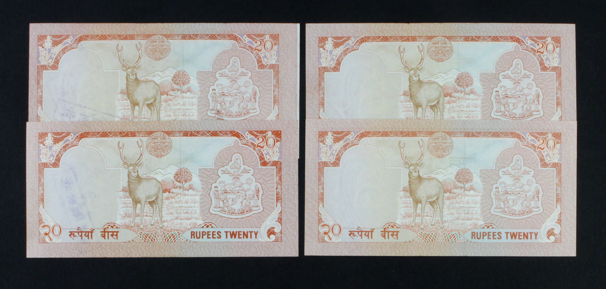 Nepal 20 Rupees (4) issued 1988, with print ERRORS circled or underlined in ink with stamped - Image 2 of 2