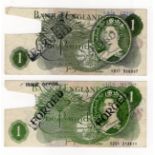 Page 1 Pound FORGERIES (2), a pair of contemporary forgeries with section at left removed, '