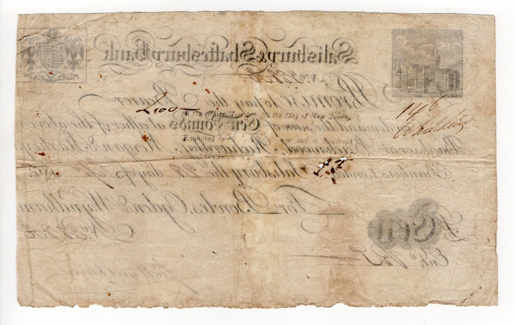 Salisbury & Shaftesbury Bank 10 Pounds dated 1808, serial No. 388A for Bowles, Ogden & Wyndham ( - Image 2 of 2