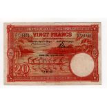 Belgian Congo 20 Francs dated 10th December 1942, 'Troisieme Emission-1943' overprint on front,