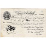 Beale 5 Pounds (B270) dated 3rd November 1950, first run of prefix, serial T01 062768 (B270,