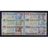 Barbados (6), 100 Dollars, 50 Dollars, 20 Dollars, 10 Dollars, 5 Dollars & 2 Dollars dated 1st May