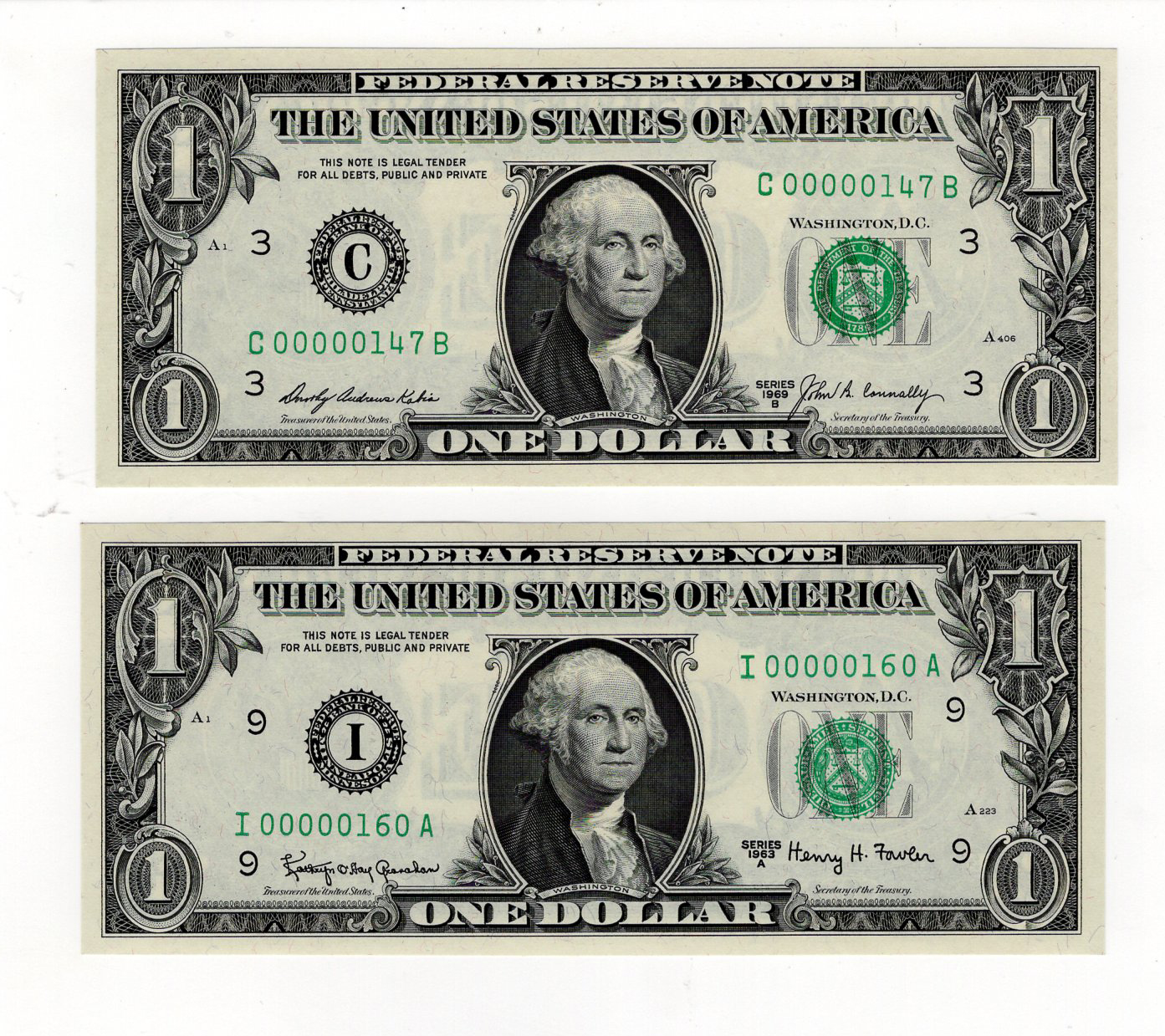 United States of America 1 Dollar (2), a superb pair of 3 digit VERY LOW serial numbers, Series