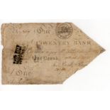 Coventry Bank 1 Pound dated 1803, serial No. 3139 for Bird, Bird & Co. (Outing593b) cut cancelled