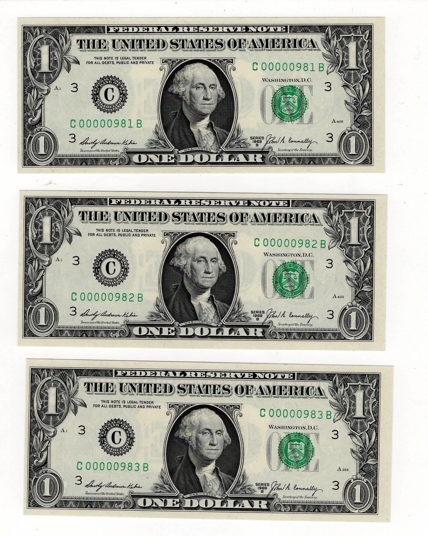 United States of America 1 Dollar Series 1969B (3), a superb consecutively numbered run of 3 digit