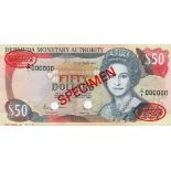 Bermuda 50 Dollars dated 12th October 1992, Thomas de la Rue SPECIMEN note, 2 punched holes, red