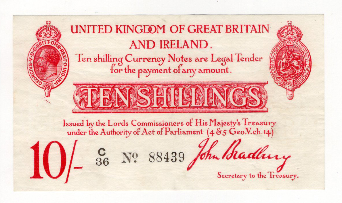 Bradbury 10 Shillings (T12.1) issued 1915, 5 digit serial number C/36 88439 (T12.1, Pick348a)