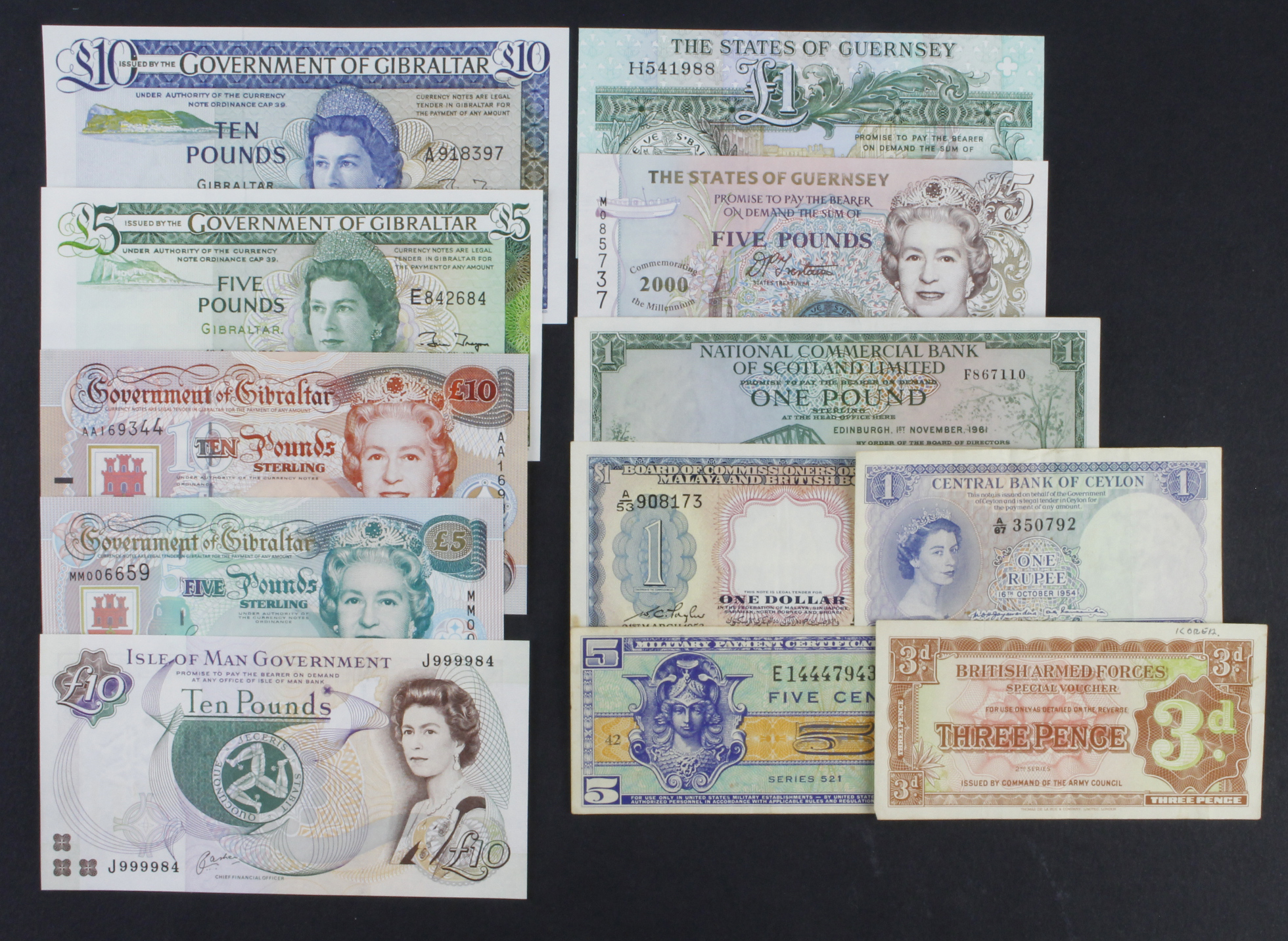 World (12), Gibraltar 10 Pounds (2) dated 1986 & 1995, 5 Pounds (2) dated 1988 & 2000 millennium