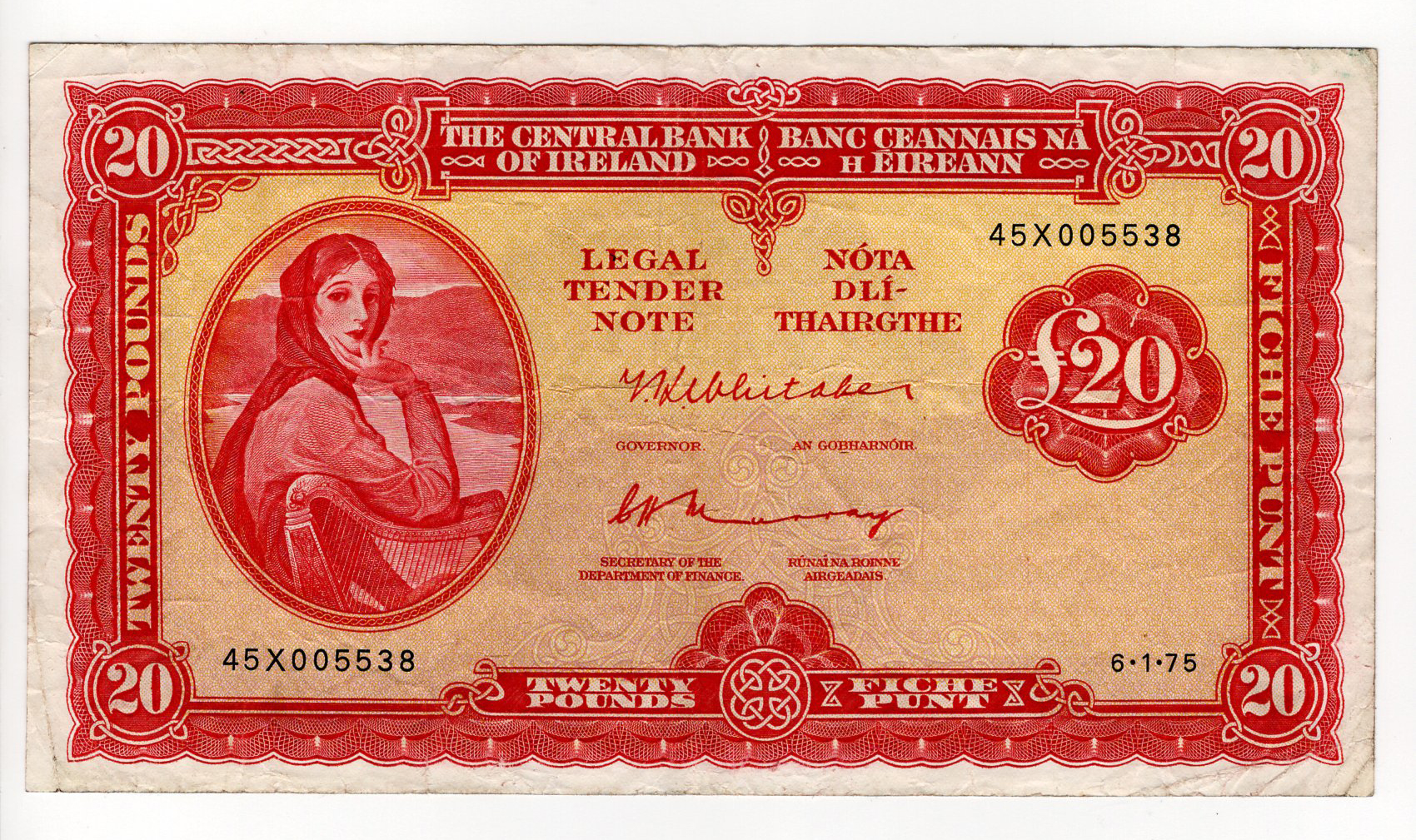 Ireland Republic 20 Pounds dated 6th January 1975, Lady Lavery portrait at left, serial 45X
