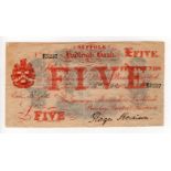 Hadleigh Bank, Suffolk 5 Pounds dated 16th October 1895, serial E5237 for Gurneys, Alexanders,