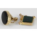 Two 9ct gold pocket watch fobs, stones include onyx, carnelian, bloodstone, total weight 10.3g.