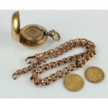 9ct gold filled sovereign holder along with a broken 9ct pocket chain (15g) and two half