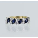 18ct yellow gold diamond and sapphire half eternity ring, four marquise shaped sapphires measuring