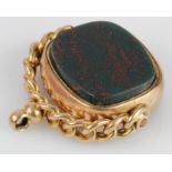 9ct yellow gold Edwardian pocket watch swivel fob, set with carnelian and bloodstone each