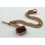 9ct Gold pocket watch chain, T bar & swivel stone fob, gold weight 26.5g approx.