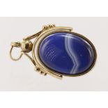 9ct yellow gold vintage swivel fob pendant, set with one onyx and one blue banded agate both