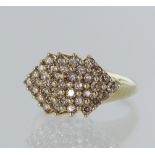 9ct yellow gold champagne diamond cluster ring, TDW approx. 0.74ct, seven rows of round brilliant