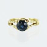 Yellow gold (tests 15ct) vintage sapphire solitaire ring, one round teal sapphire measures approx.