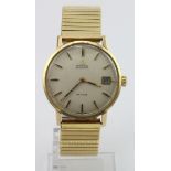 Gents 9ct cased Omega De Ville manual wind wristwatch, hallmarked London 1972. The cream dial gilt