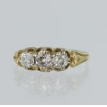 Yellow gold (tests 18ct) antique diamond trilogy ring, three old cuts 0.30, 0.35ct and 0.31ct, TDW