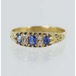 18ct yellow gold antique diamond and sapphire boat ring, three oval sapphires principal measures 4mm