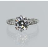 Tests Palladium Art Deco diamond solitaire ring, one old cut diamond approx. 2ct, estimated colour