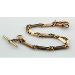 9ct gold double albert watch chain, complete with T-bar and one dog clip either end, length 15",