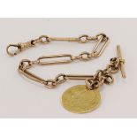 9ct yellow gold watch chain figaro style link, with swivel clasp and T Bar, and George II guinea,