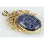 9ct yellow gold Celtic swivel fob pendant, set with one moss agate and one lazulite both measuring