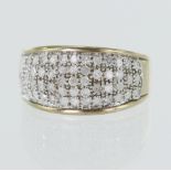 9ct yellow gold diamond domed ring, TDW approx. 0.76ct, top width 12mm, finger size U, weight 5.1g.