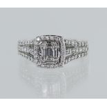 14ct white gold diamond halo cluster ring, TDW approx. 0.65ct, centre cluster set with baguette