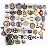 Pin and lapel badges including enamelled, home front WW1, military, associations, businesses,
