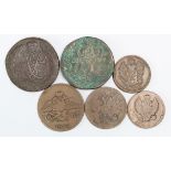 Russia (6) copper coins 18th-20thC including large 5 Kopek pieces, mixed grade.