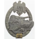 German Tank Assault Badge in silver with '25' plaque. Hollow back with 3 hollow rivits, maker marked