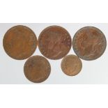 Straits Settlements (Singapore & Malaysia) Copper (5) Queen Victoria, mixed grade.