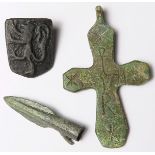 Artefacts (3): Medieval bronze heraldic harness mount featuring a lion rampant 23mm; a possibly