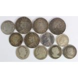 GB Silver (12) George III to George V, Crowns to Florin, mixed grade, note the 1819 Crown is ex-