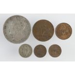 Belgium (5): Silver 5 Francs 1849 KM# 3.2 nVF; copper: 5 Cents 1858 GVF, 2 Cents 1873 GEF with