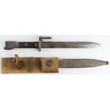 Belgian F.N.FAL type bayonet, blade approx 8" inches, in its steel scabbard with web frog (strap a/