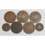 India, East India Company (7) copper coins, mixed grade.