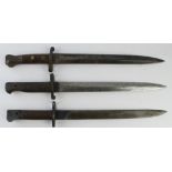 Bayonets all without scabbards - 1903 dated British Enfield, Metford 1894 dated, and 1944 India